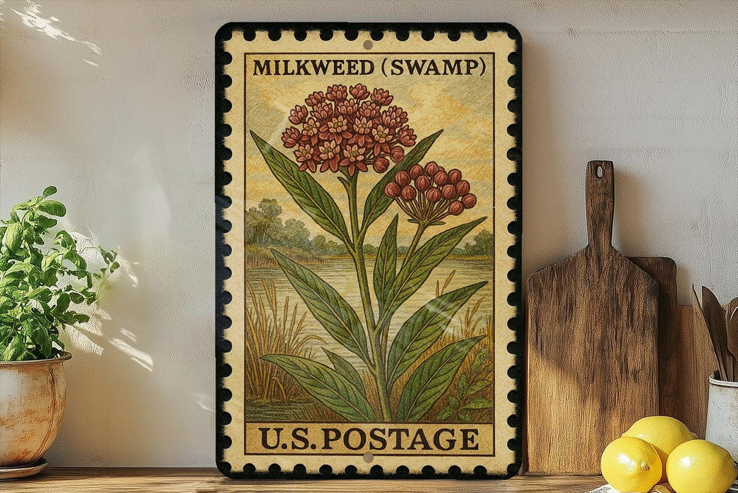 A framed illustration of a milkweeds plant on a U.S. postage stamp, with a wooden cutting board and a potted plant in the background.