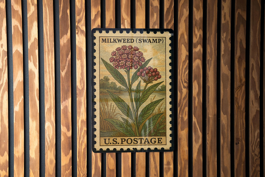 A vintage U.S. postage stamp featuring a milkweeds swamp plant, mounted on a wooden wall.