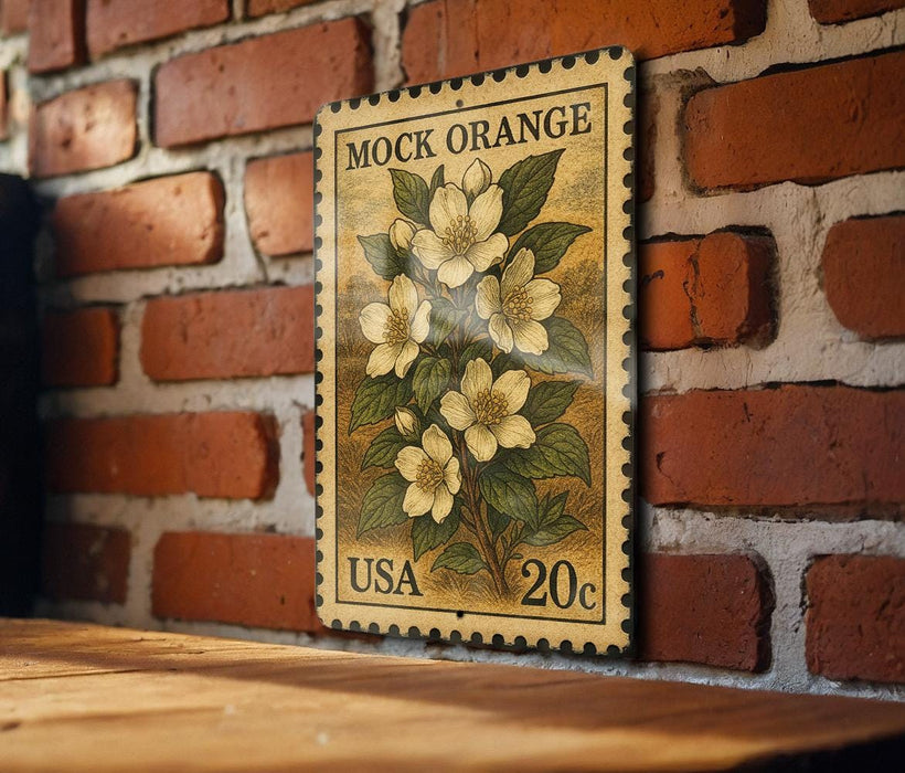 A vintage-style postage stamp featuring a floral design is displayed on a brick wall.