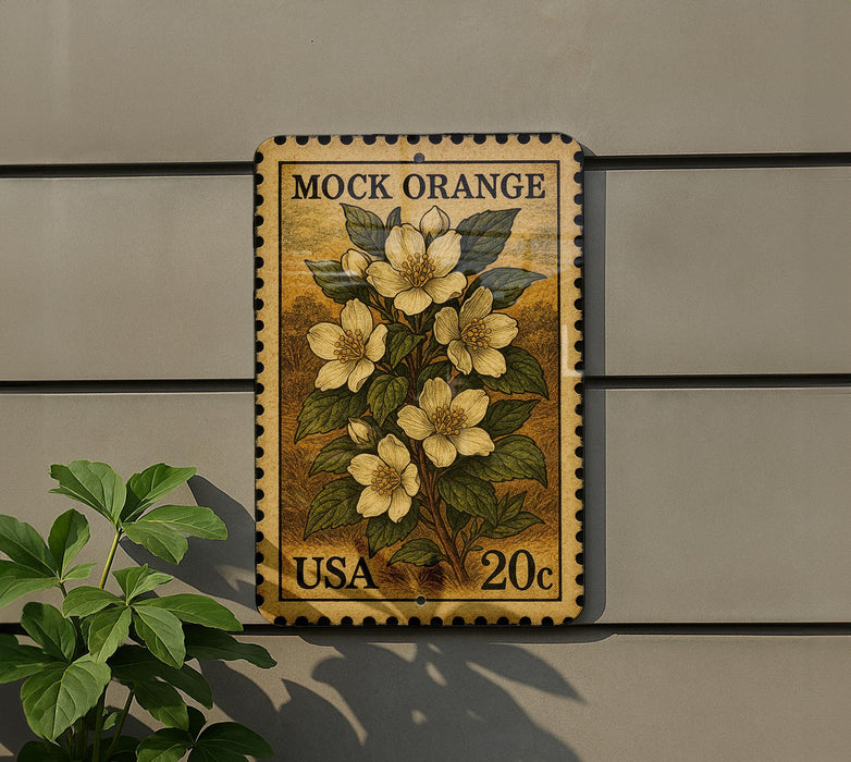 A postage stamp featuring a floral design is mounted on a wall, with a plant visible to the left.