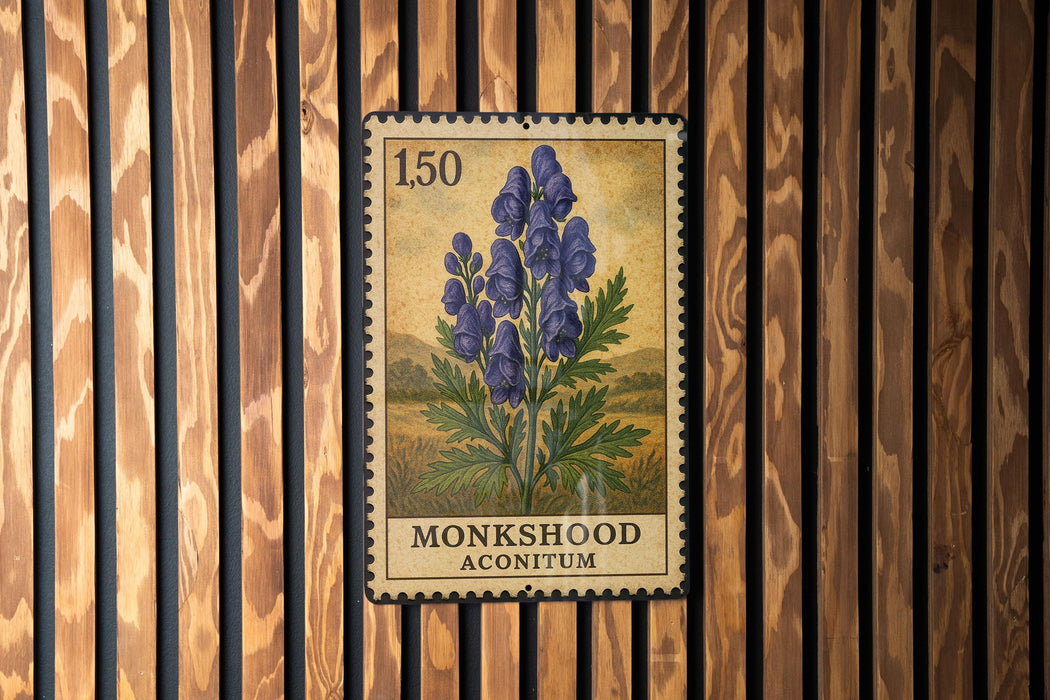 A postage stamp featuring a blue flower on a wooden background.