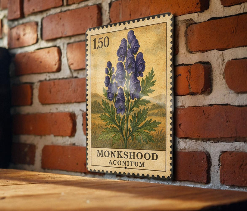 A wooden table with a framed print of a postage stamp featuring a blue flower on a brick wall.