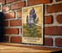A wooden table with a framed print of a postage stamp featuring a blue flower on a brick wall.