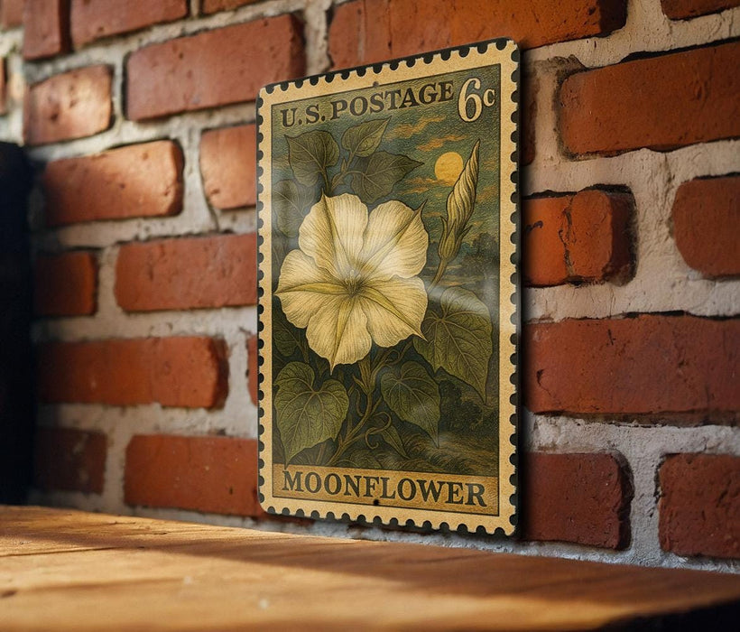 A vintage U.S. postage stamp depicting a moonflower is displayed on a brick wall.