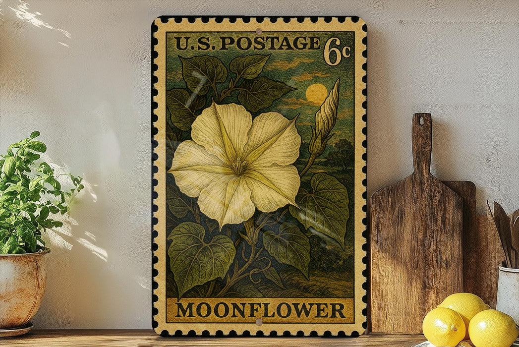 A framed U.S. postage stamp depicting a yellow flower, labeled "Moonflower", is displayed on a shelf next to a wooden cutting board and a potted plant.