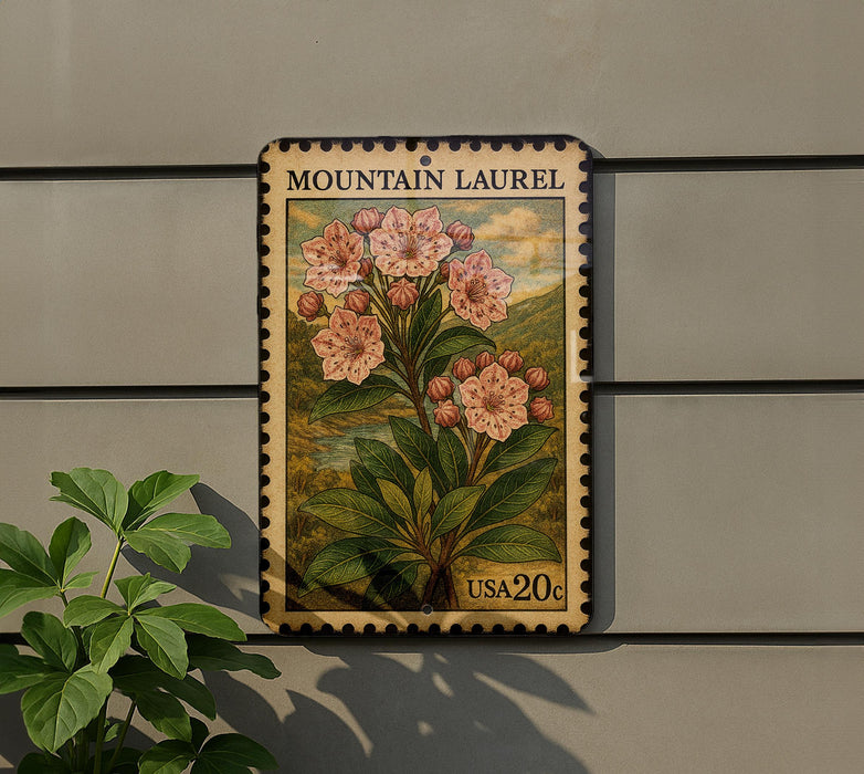 A framed postcard with a floral illustration of a mountain laurel plant, mounted on a wall next to a potted plant.