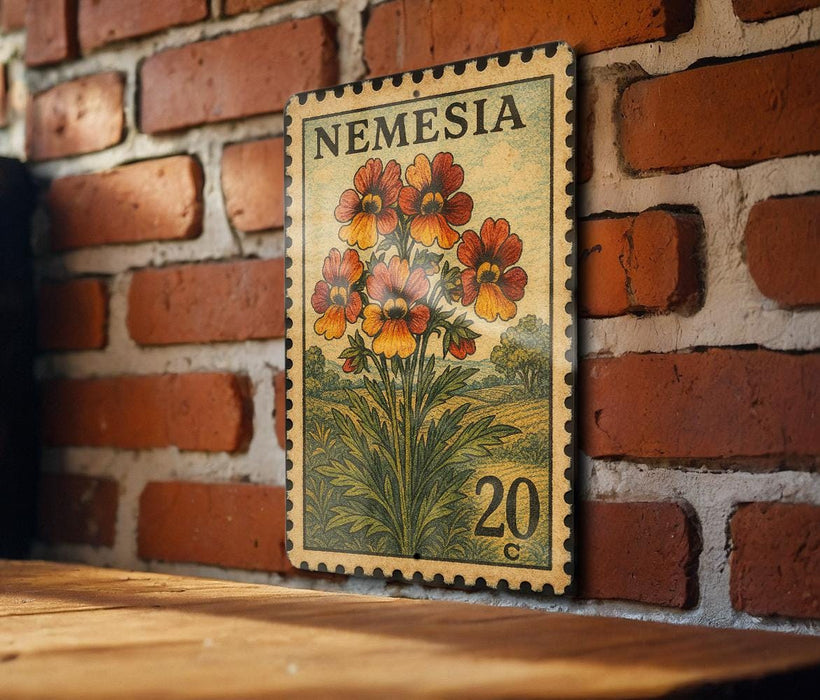 A vintage-style postage stamp featuring a floral design is displayed on a brick wall.