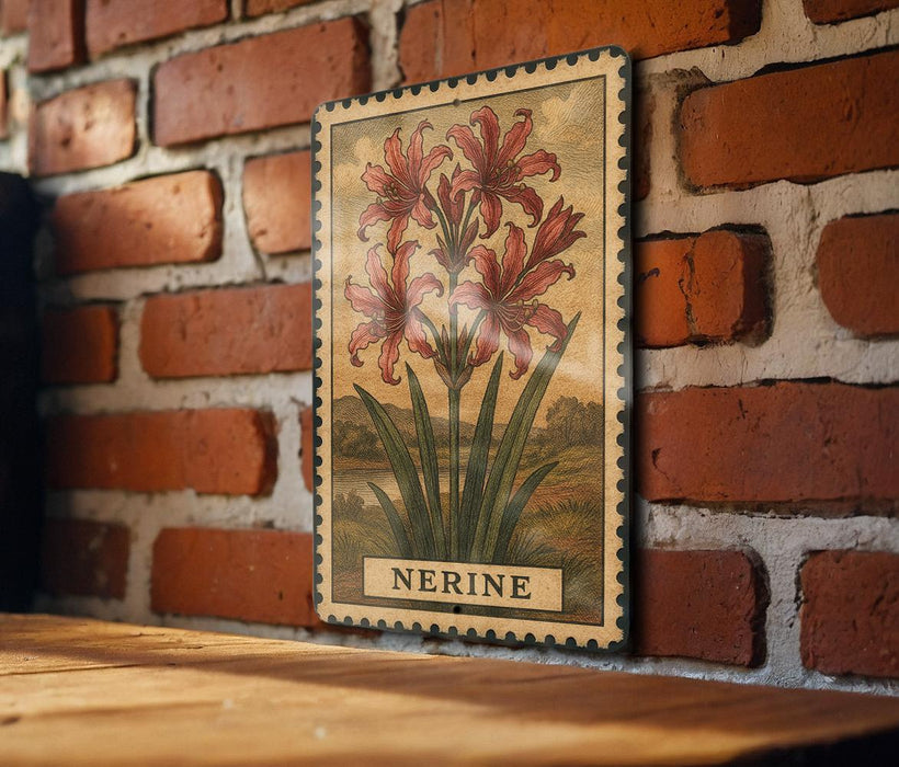 a brick wall with a framed illustration of a flower, specifically a lily, hanging on it.