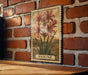 a brick wall with a framed illustration of a flower, specifically a lily, hanging on it.
