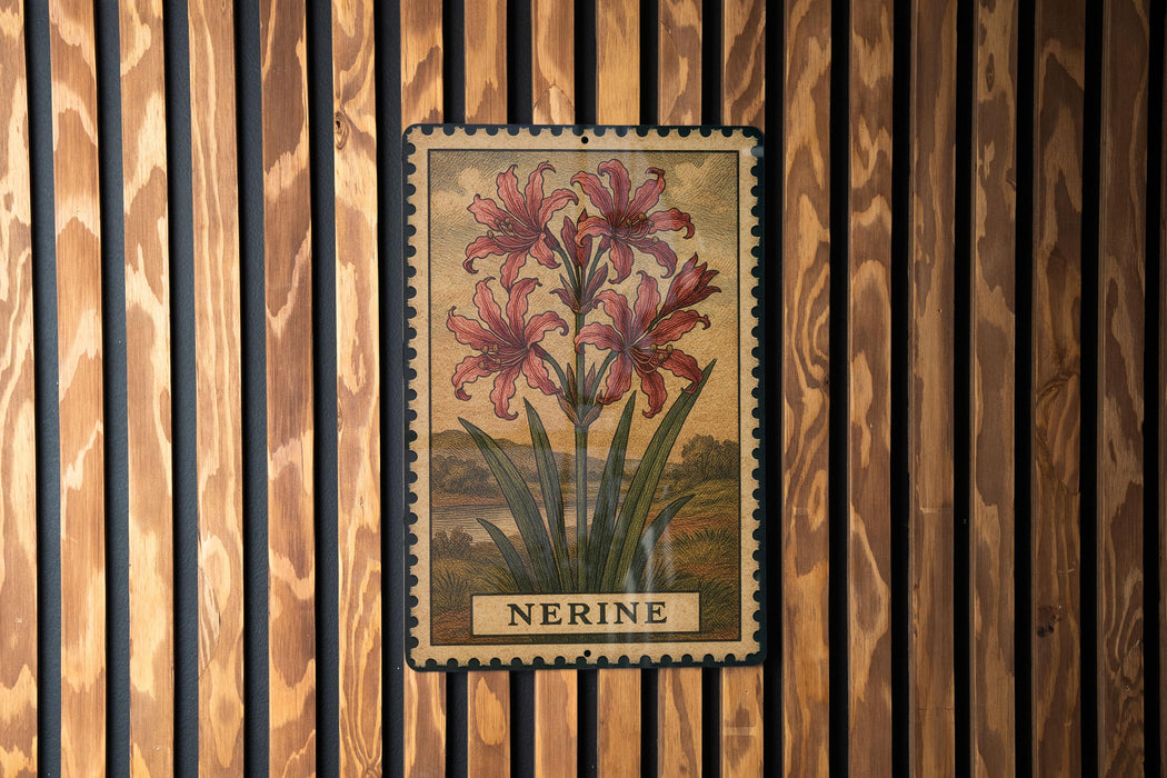 A framed illustration of a lily flower is hanging on a wooden wall.