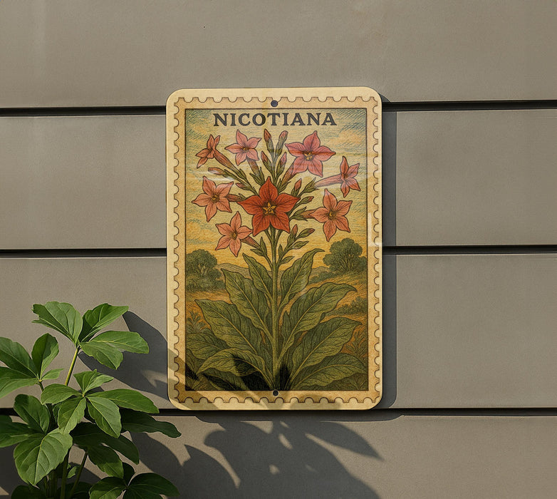 A decorative metal plaque with a floral illustration of Nicotiana flowers is mounted on a wall.