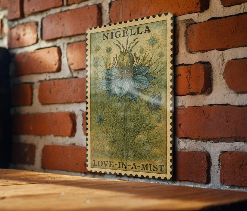 A vintage-style postage stamp featuring a floral illustration is displayed on a brick wall, with the text "NIGELLA" and "LOVE-IN-A-MIST" printed on it.