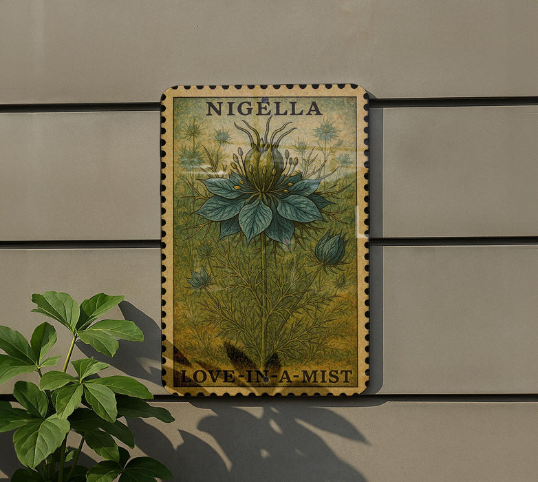 A vintage postage stamp featuring a large green flower with a yellow border, mounted on a wall next to a plant.