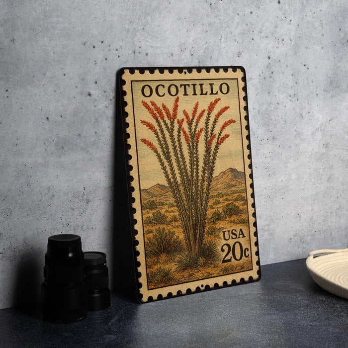 A metal stamp with a desert plant illustration and text, placed on a countertop next to some black camera lenses.