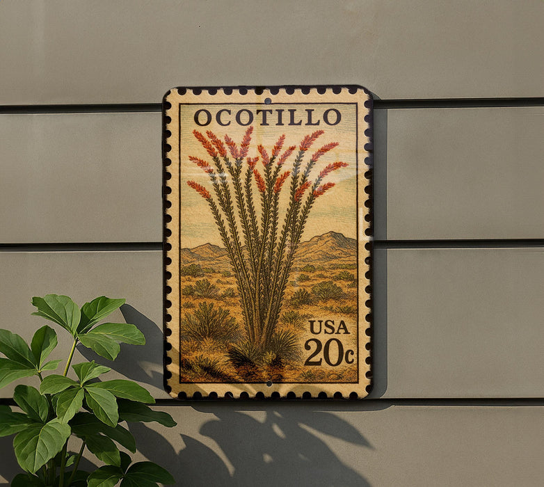 A postage stamp featuring a cactus plant with red flowers, mounted on a wall.