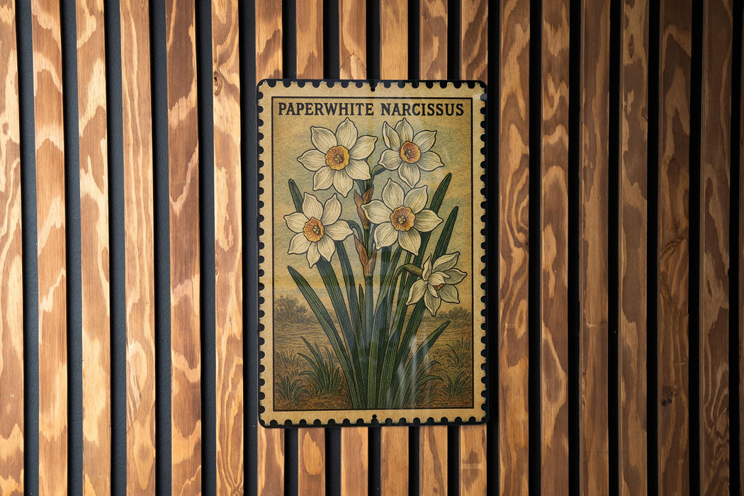 A framed image of a daffodil flower is hanging on a wooden wall.