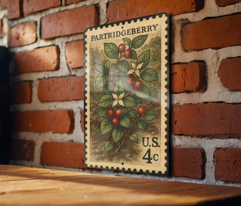 A vintage postage stamp featuring a detailed illustration of a berry plant on a brick wall.