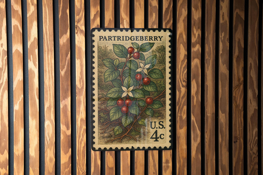 A vintage postage stamp featuring a detailed illustration of a berry plant with red berries and white flowers, mounted on a wooden wall.