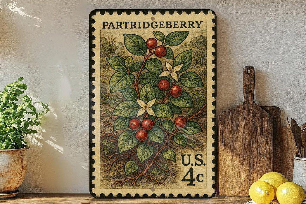 A vintage postage stamp featuring a detailed illustration of a berry plant, with the text "PARTRIDGEBERRY" and "U.S. 4c" printed on it. The stamp is displayed on a shelf next to a wooden cutting board and a potted plant.