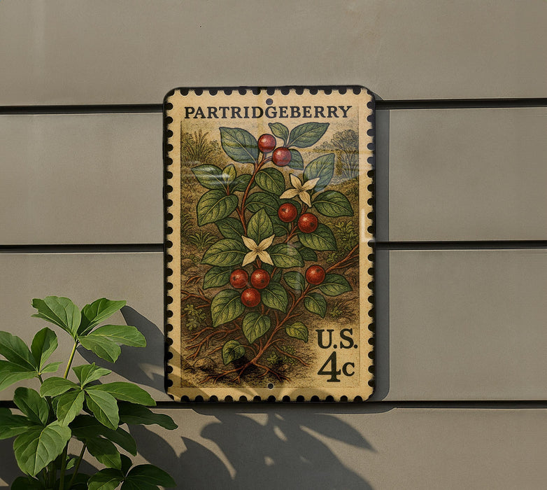 A postage stamp featuring a detailed illustration of a berry plant with red berries and green leaves, mounted on a wall.