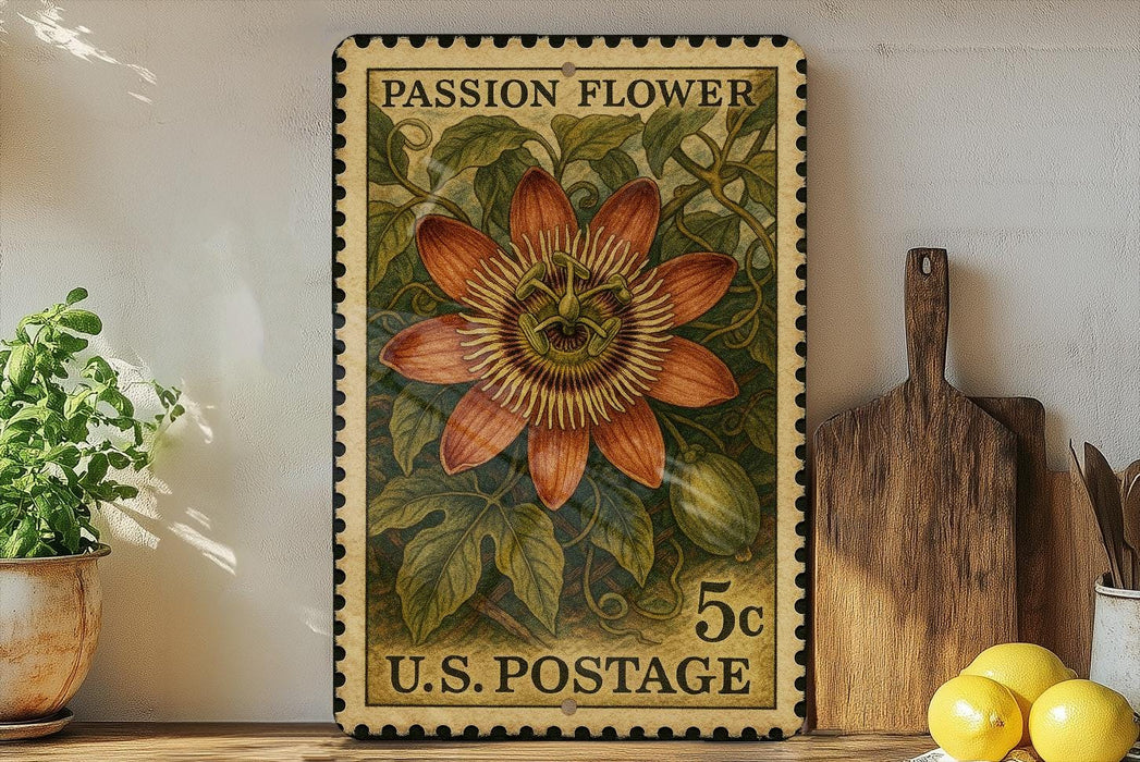 A vintage U.S. postage stamp featuring a vibrant illustration of a passion flower, placed on a wooden surface next to a wooden cutting board and a potted plant.