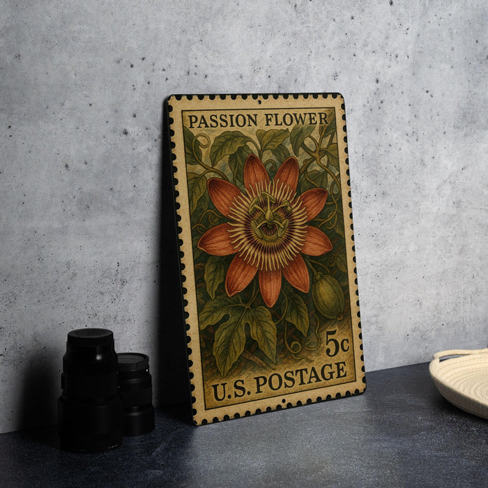 A vintage U.S. postage stamp featuring a vibrant illustration of a passion flower, placed on a dark surface next to some black camera lenses.