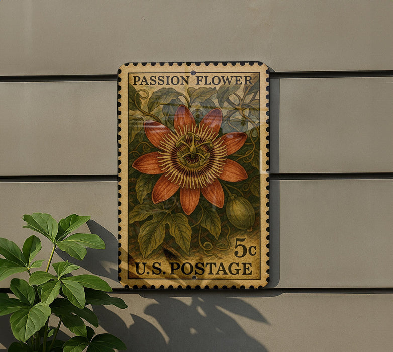 A vintage U.S. postage stamp featuring a vibrant illustration of a passion flower, mounted on a wall next to a potted plant.