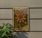 A vintage U.S. postage stamp featuring a vibrant illustration of a passion flower, mounted on a wall next to a potted plant.