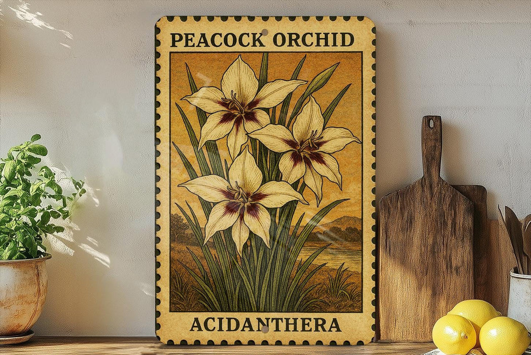 A framed illustration of a peacock orchid plant with yellow flowers, placed on a shelf next to a wooden cutting board and a potted plant.