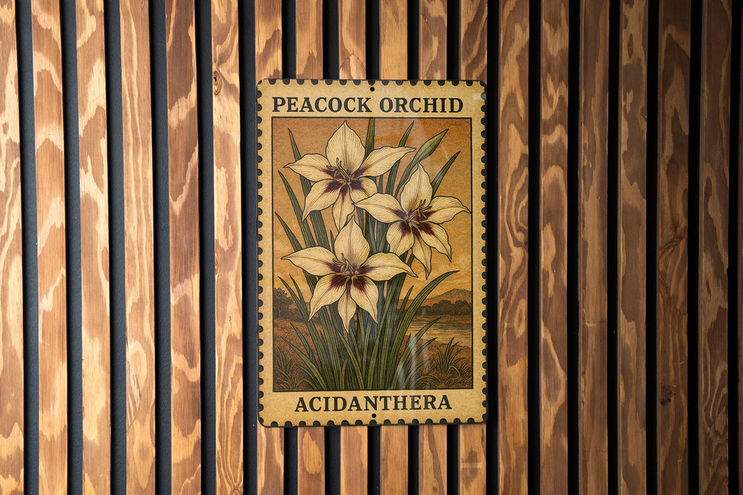 A metal plaque with a floral design hangs on a wooden wall.