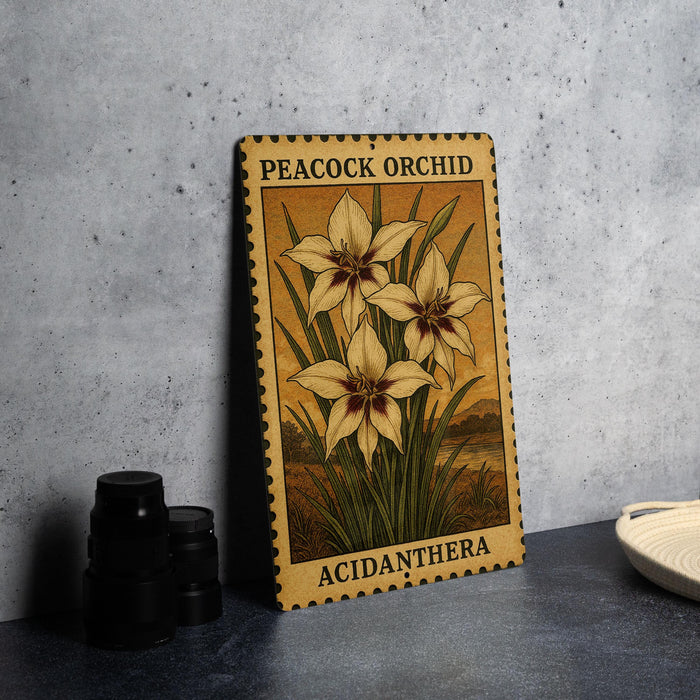 A framed illustration of a peacock orchid plant with yellow flowers, placed on a gray countertop next to a stack of black camera lenses.