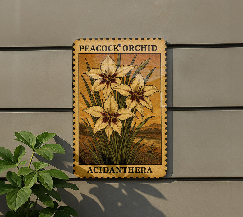 A wooden sign with a floral design hangs on a wall, featuring a large yellow flower surrounded by green leaves.
