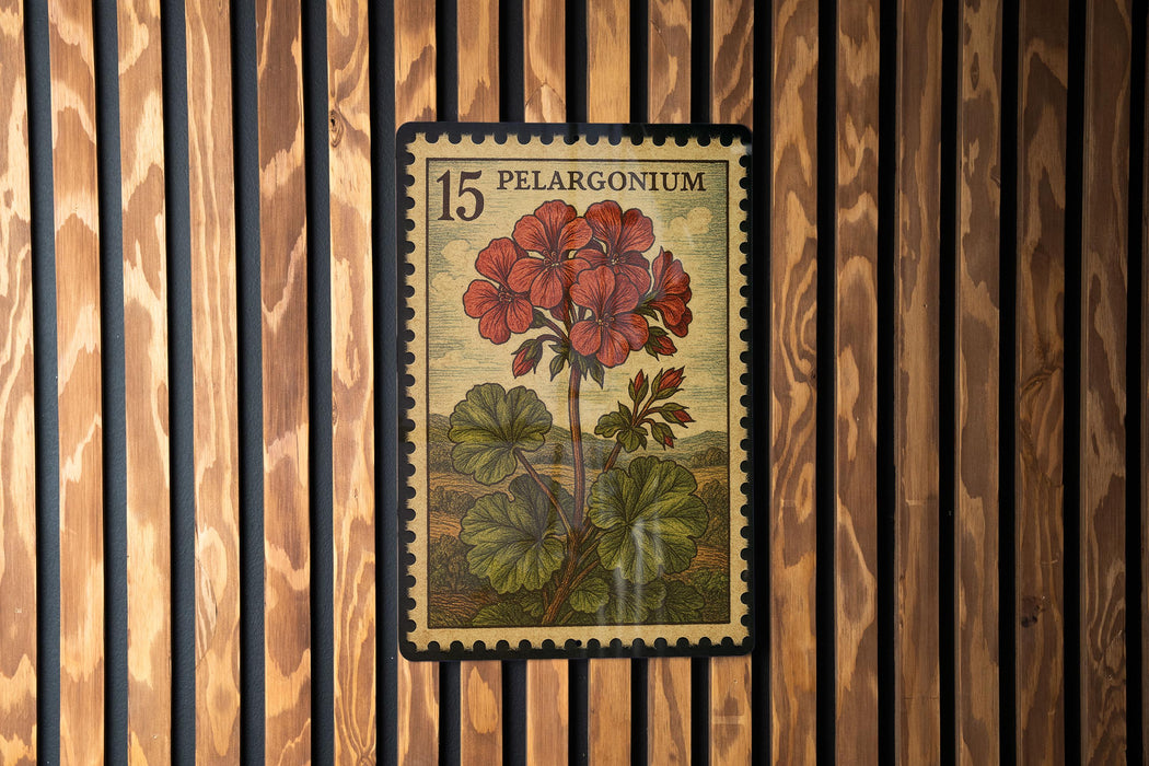 A framed image of a red flower on a wooden wall.