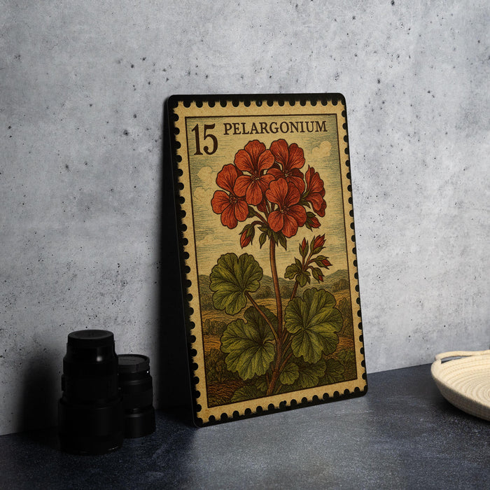 A framed illustration of a geranium plant on a wall, with a postage stamp-like border.