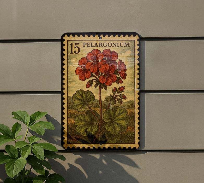 A framed illustration of a red flower is mounted on a wall, with a plant visible to the left.