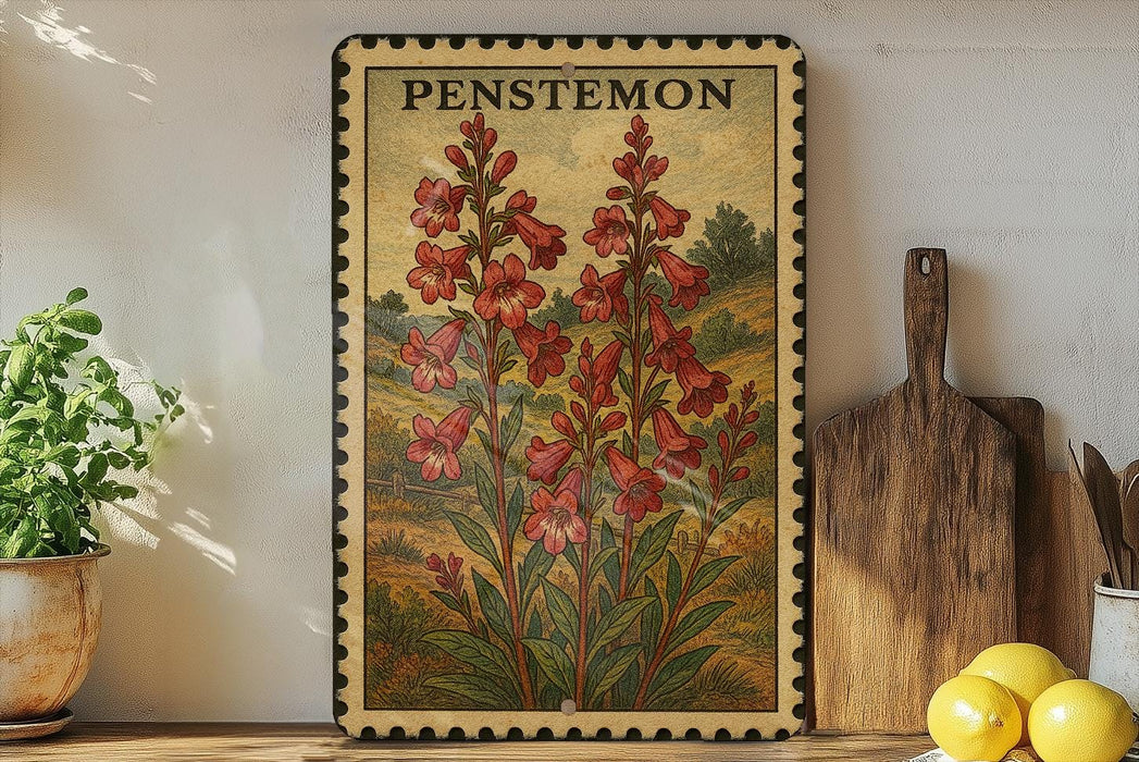 A framed illustration of a penstemon flower is displayed on a shelf, accompanied by a wooden cutting board, a potted plant, and a lemon.