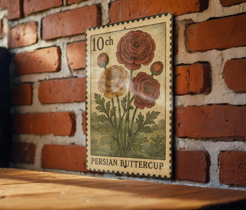 A vintage-style stamp featuring a floral illustration of a Persian buttercup, mounted on a brick wall.