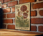 A vintage-style stamp featuring a floral illustration of a Persian buttercup, mounted on a brick wall.
