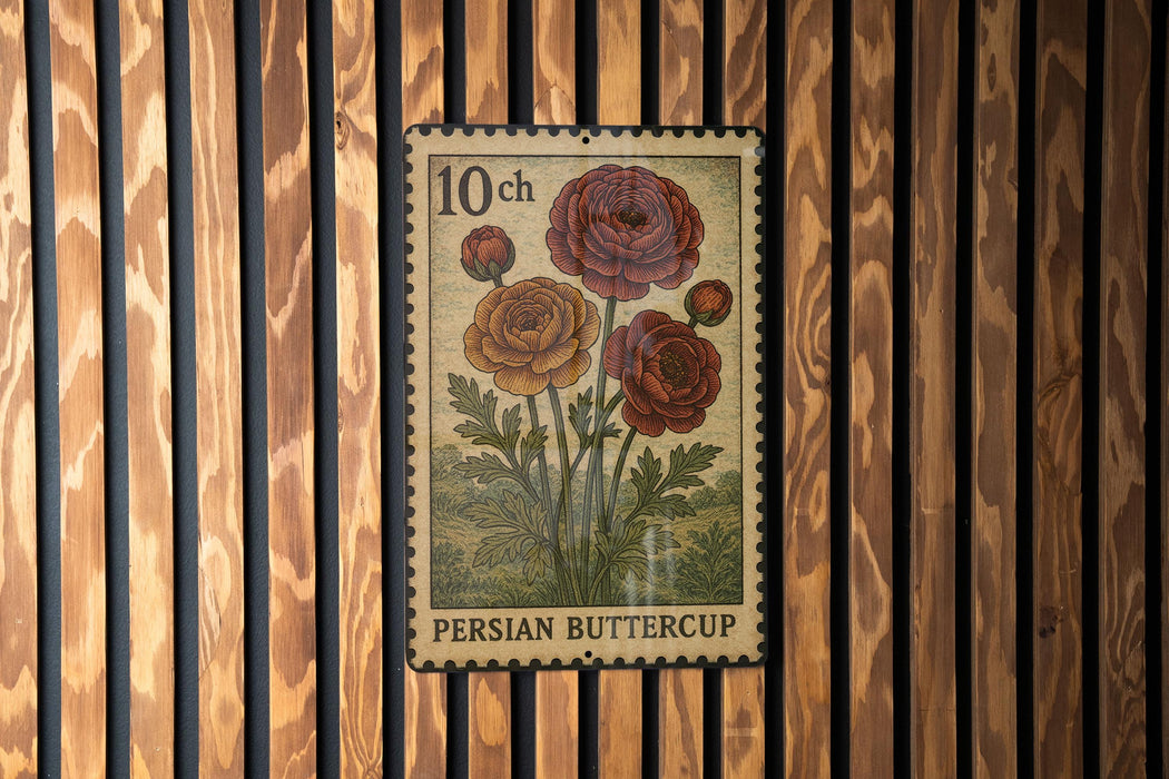 A 10-cent Persian buttercup postage stamp is displayed on a wooden wall.