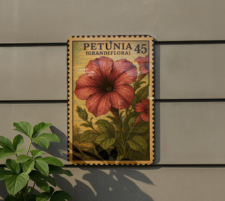 A wooden postcard with a large red flower and green leaves, mounted on a wall next to a plant.
