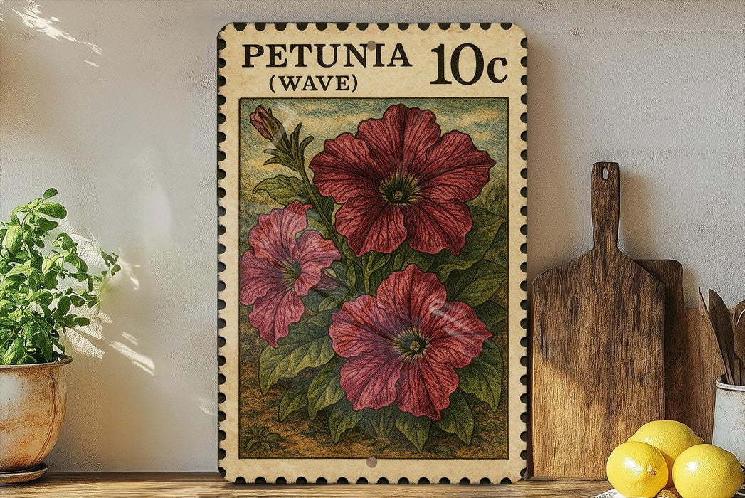 A framed illustration of a red flower on a shelf, with a potted plant to the left and a wooden cutting board to the right.