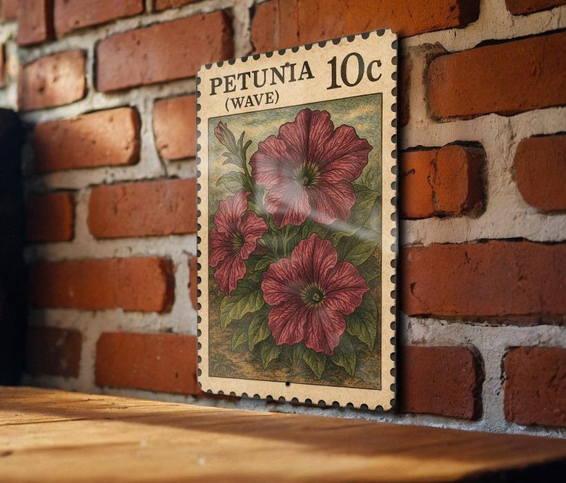 A vintage-style stamp depicting a red flower is displayed on a brick wall, with a wooden table below it.
