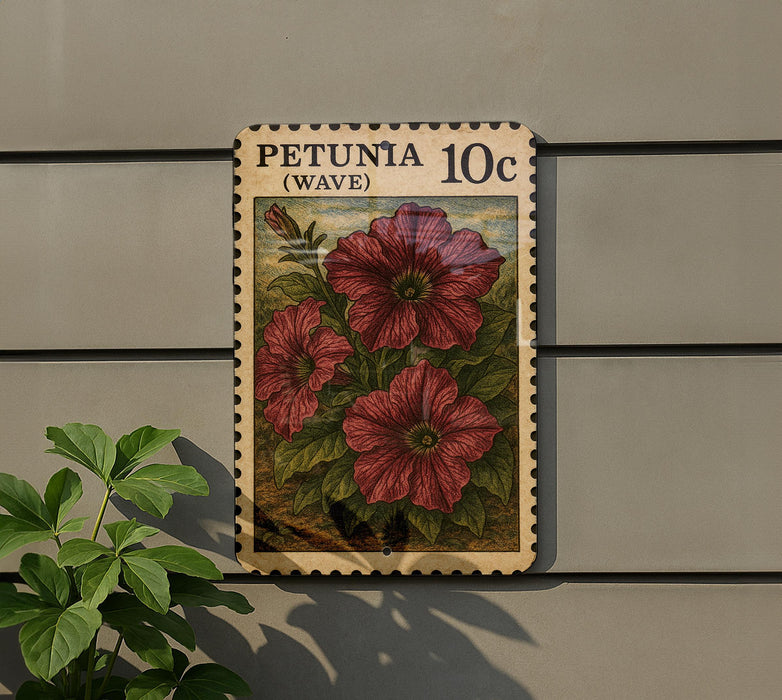 A wooden postcard-style stamp with a floral illustration of red petunia flowers, mounted on a wall next to a plant.