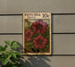 A wooden postcard-style stamp with a floral illustration of red petunia flowers, mounted on a wall next to a plant.