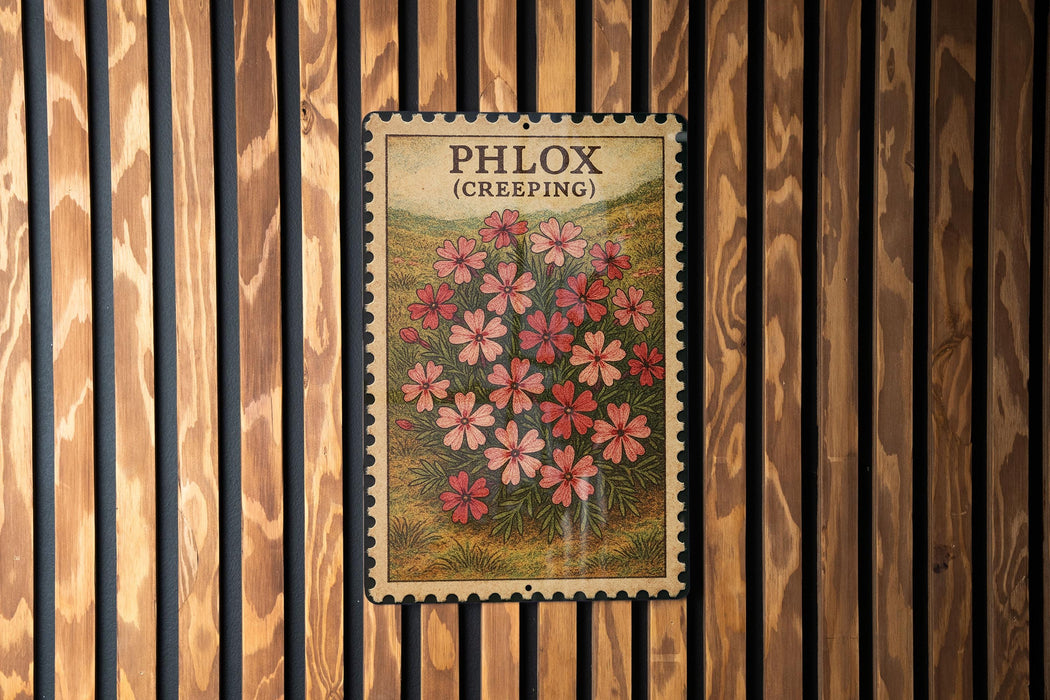A framed illustration of a flower is hanging on a wooden wall.