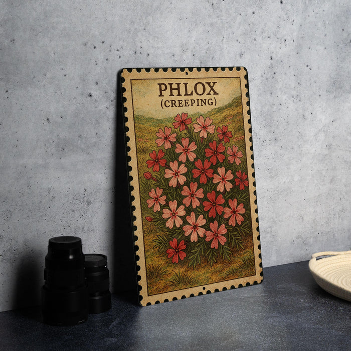 A metal sign with a floral illustration and the word "PHLOX" printed on it, standing on a gray countertop next to some black camera lenses.