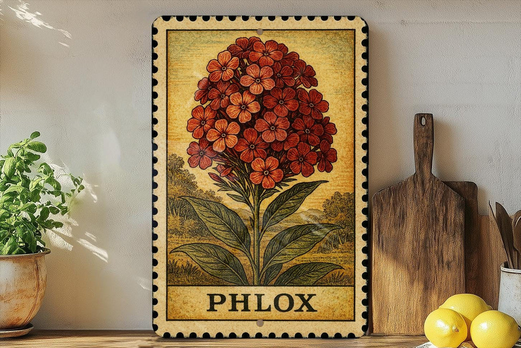A framed illustration of a red flower with green leaves, labeled "PHLox", is displayed on a shelf next to a wooden cutting board and a potted plant.