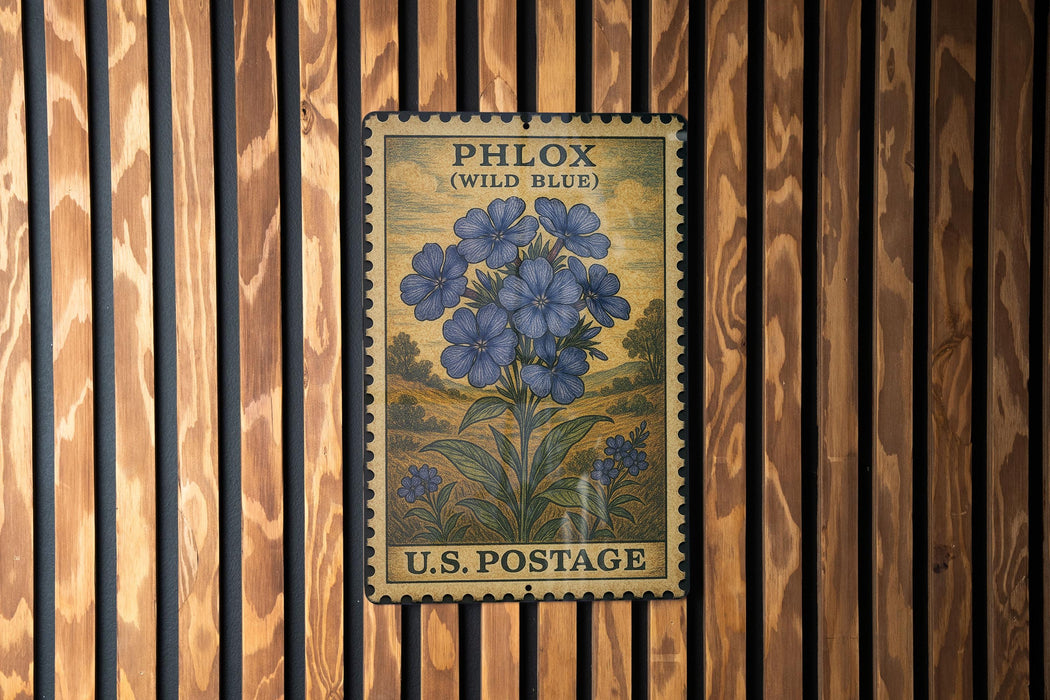 A vintage U.S. postage stamp featuring a blue flower illustration is displayed on a wooden wall.