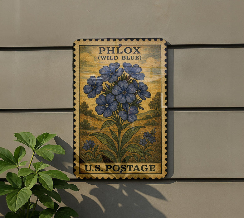 A vintage U.S. postage stamp featuring a blue wild blue flower is displayed on a wall, with a plant to the left.