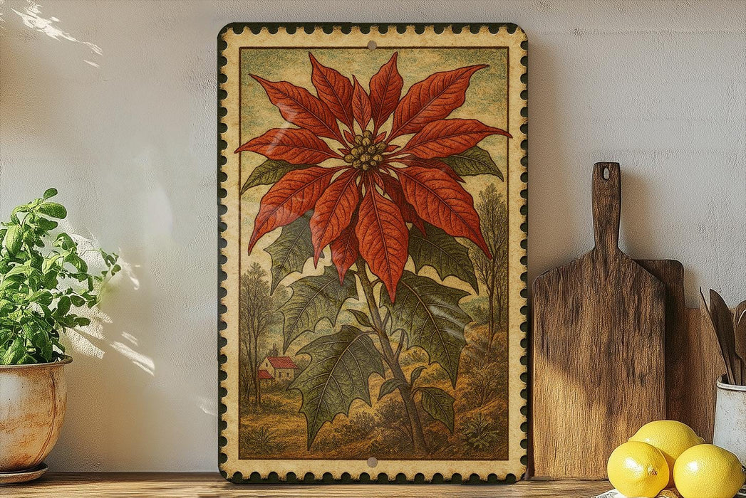 a framed illustration of a large red poinsettia flower on a shelf, surrounded by various kitchen utensils and a potted plant.